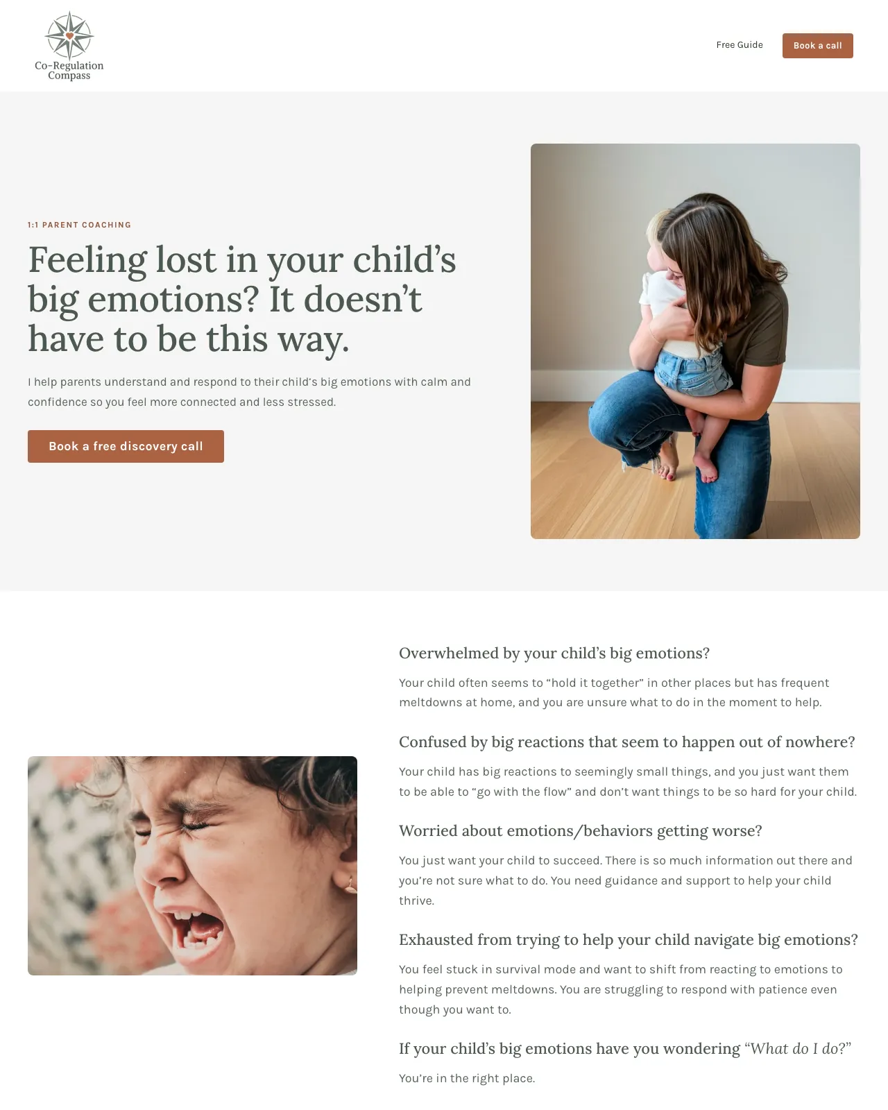 The Co-Regulation Compass homepage: a light parent-coaching site with the headline 'Feeling lost in your child's big emotions?' and a photo of a parent holding a child.